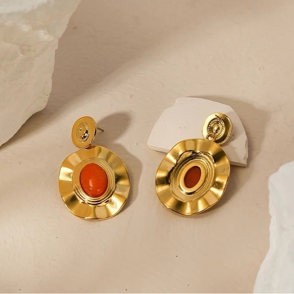 ◾️18K Gold Plated Natural Orange Sunstone Earrings - Picture 2 of 6